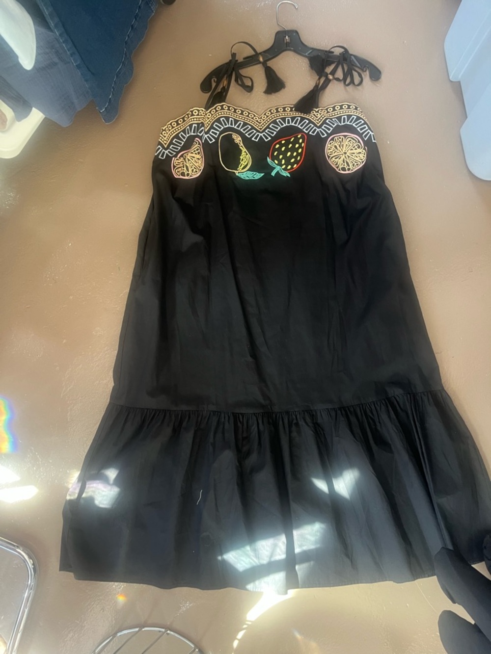 Vintage Black Maxi Dress with Multicolor Fruit Embroidery